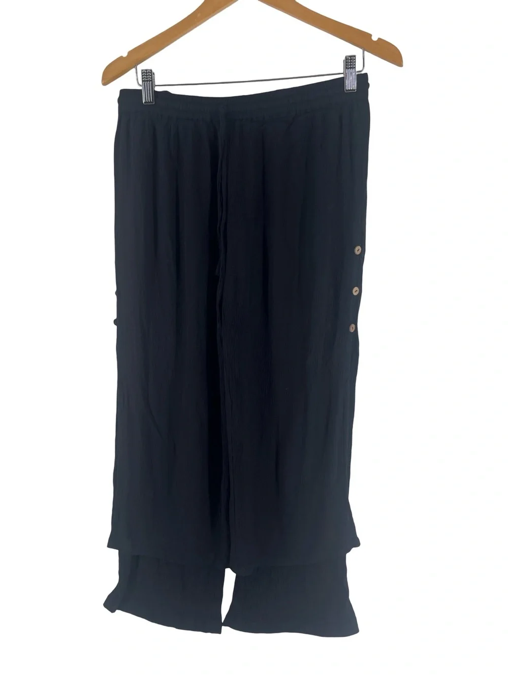 Pink Pineapple Black Wide Leg Button Detail Pants Medium Boho Rayon - Picture 2 of 8